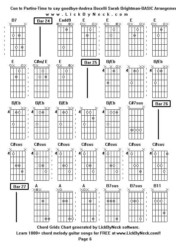 Chord Grids Chart of chord melody fingerstyle guitar song-Con te Partiro-Time to say goodbye-Andrea Bocelli Sarah Brightman-BASIC Arrangement,generated by LickByNeck software.